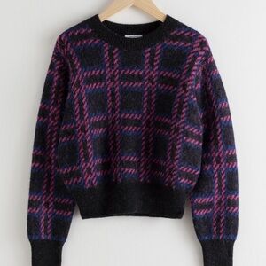 Plaid Knit Sweater - Black and Pink